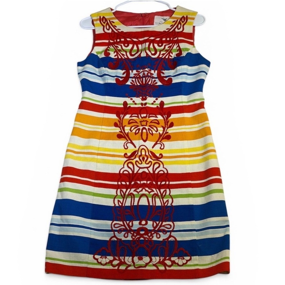 Tabitha Anthropologie Rainbow Striped Embroidered Shift Dress Sleeveless Size 6